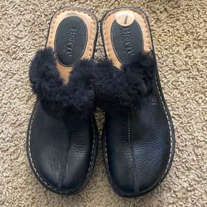Born Black Leather Mules with Fur Trim